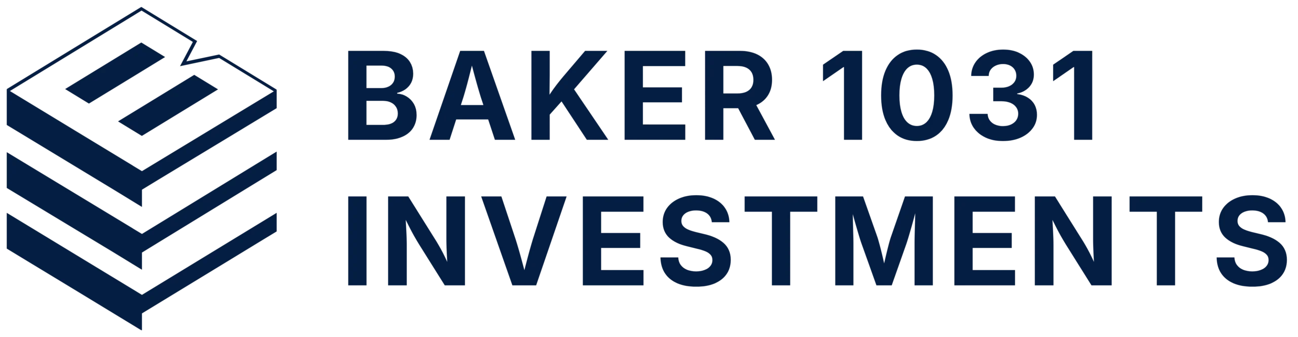 Baker 1031 Investments Logo - Navy Blue Building Icon with "B" - Stacked Navy Wordmark with "Baker 1031 Investments"